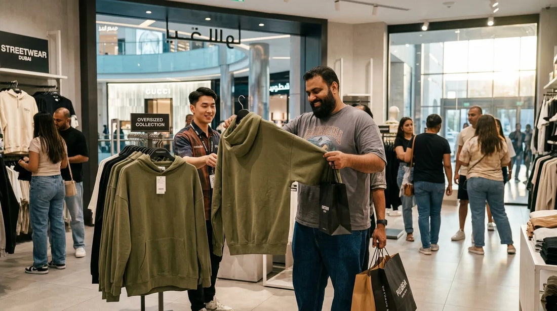 Plus Size Men buying oversized hoddy in dubai