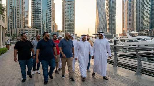 Plus size men walking in group